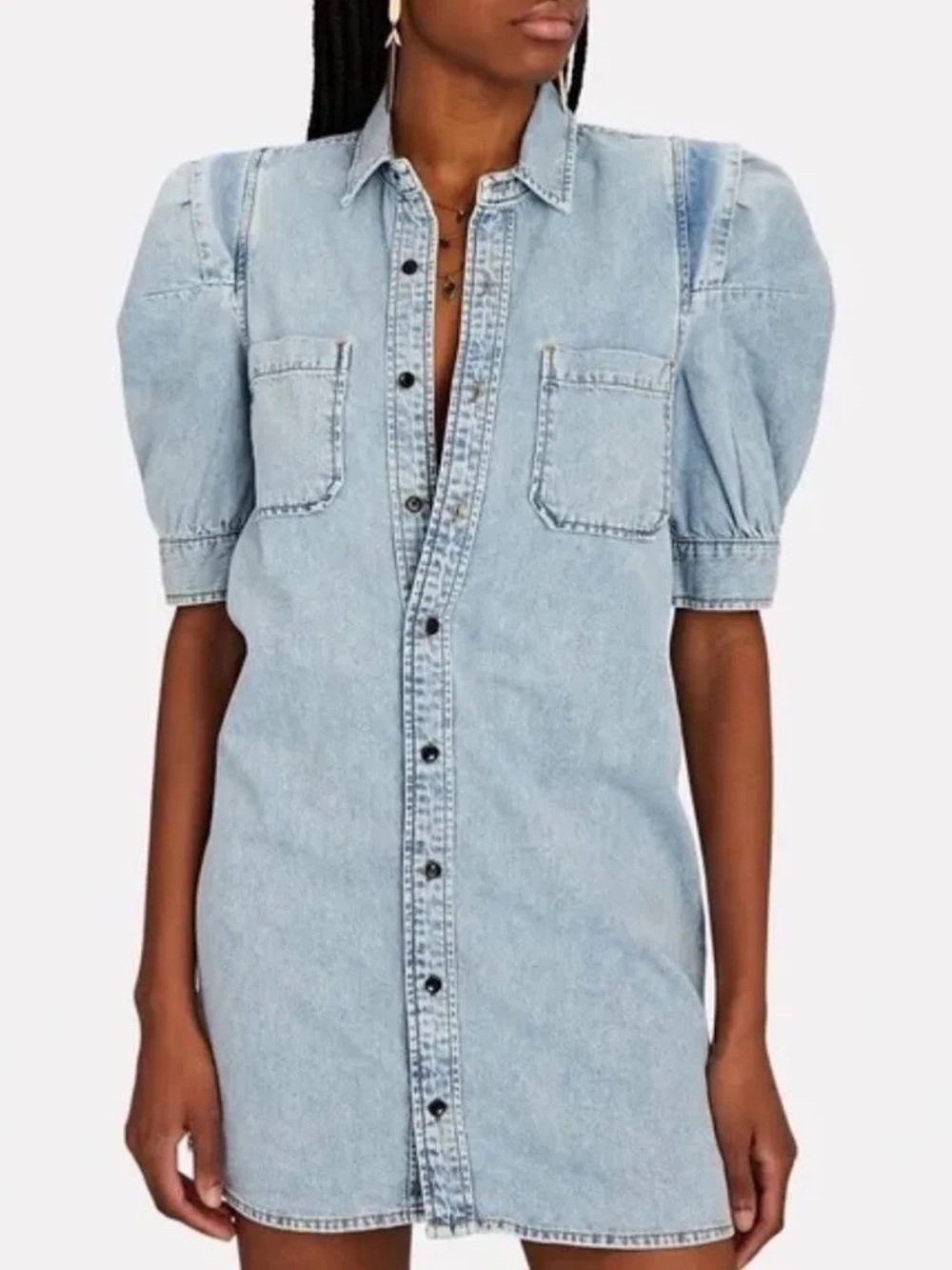 Frame Denim “Rosette” Puff-Sleeve Denim Shirt Dress in Cresthaven